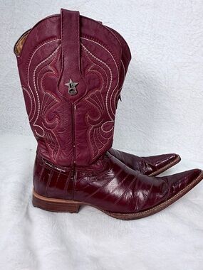 Los Altos Boots Mens 9 Genuine Eel Skin Burgundy Western Snip Toe Exotic Cowboy